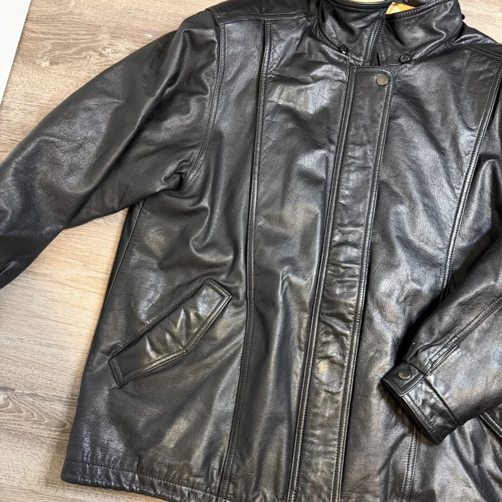 Boundary Waters Mens Genuine Leather Jacket Black Zip Up Mock Neck Vintage M